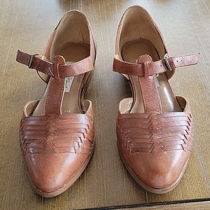 Women's Brown Leather T-Strap Flats